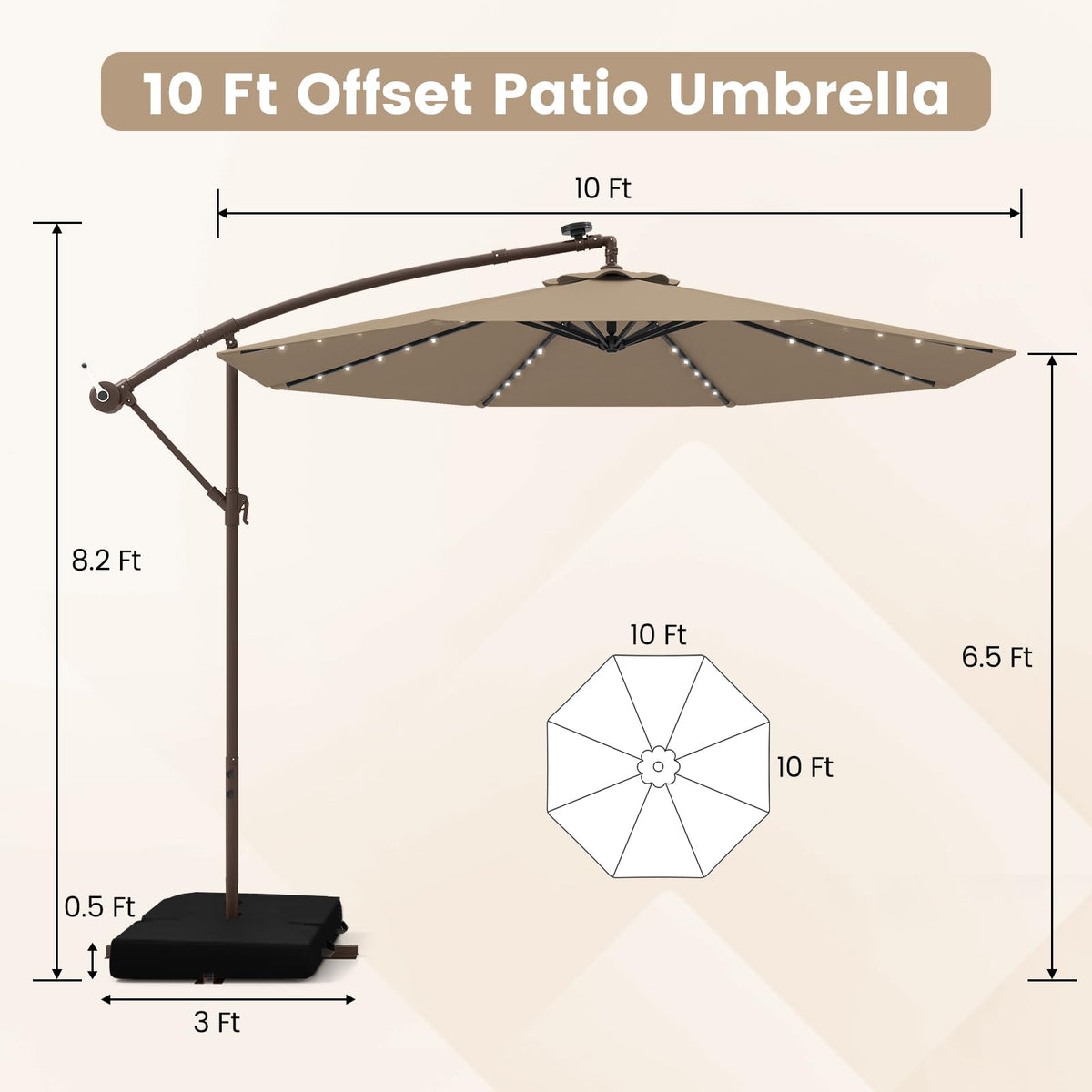 10FT Offset Patio Umbrella with Base and 40 Solar LED Lights N507097