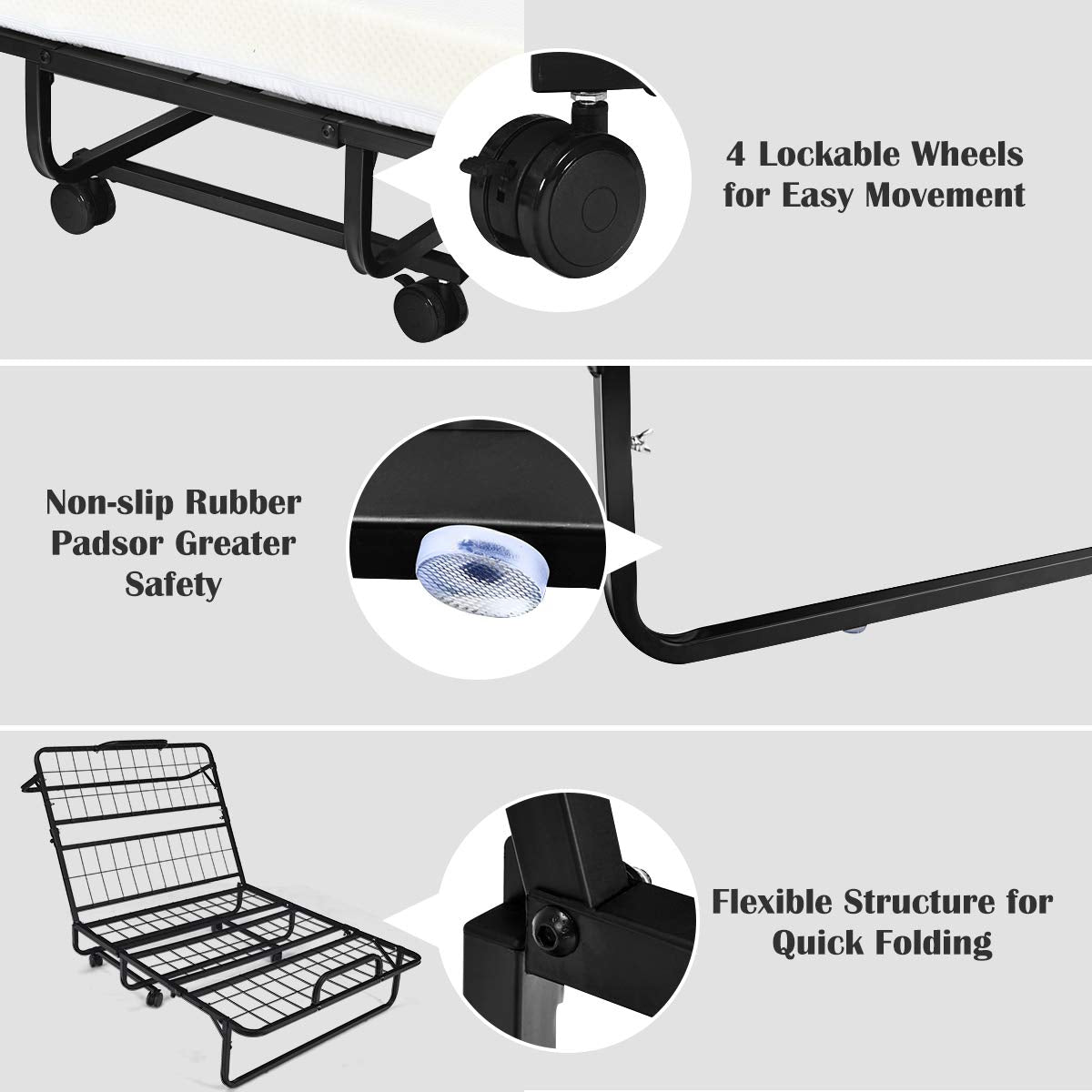 Folding Bed with Mattress Twin Size Metal Frame Memory Foam Z627473