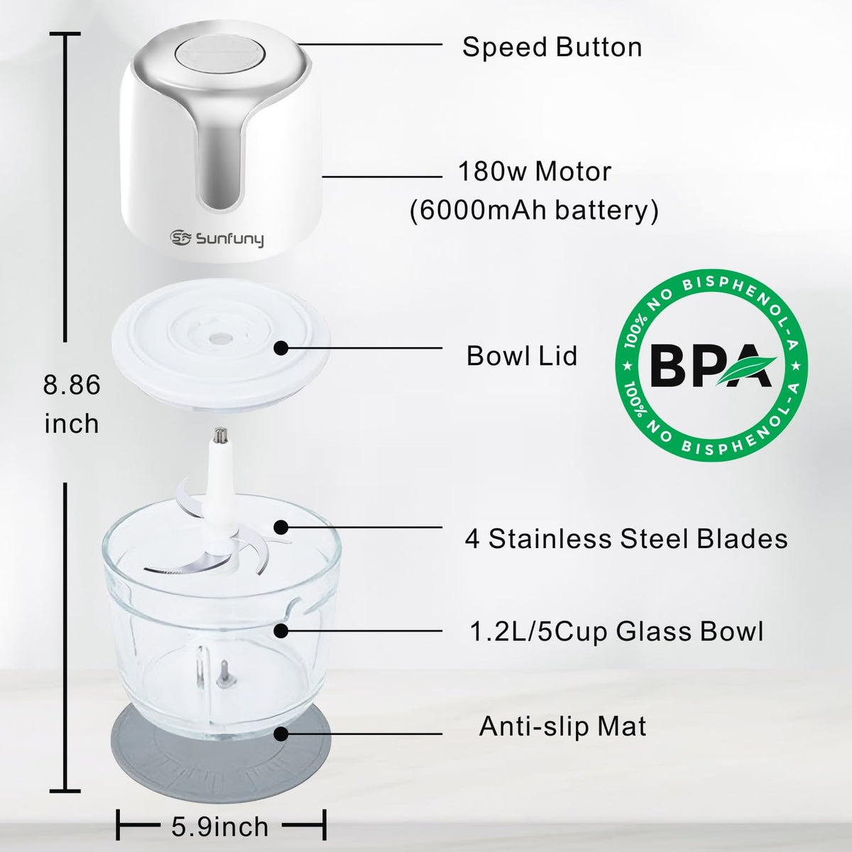 Cordless Food Processor 5-Cup Glass Bowl L112