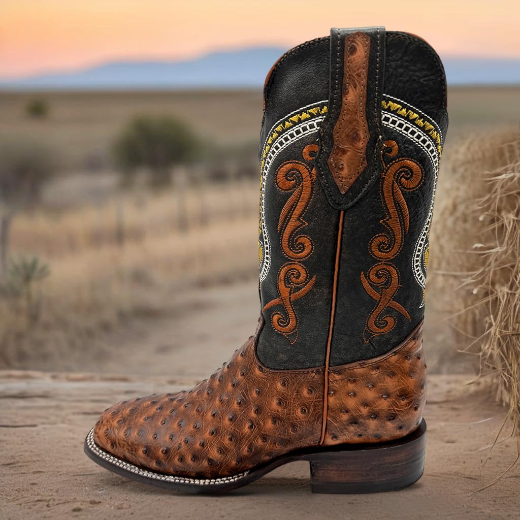 Leather Ostrich Quill Print Square Toe Western Cowboy Boot J341533