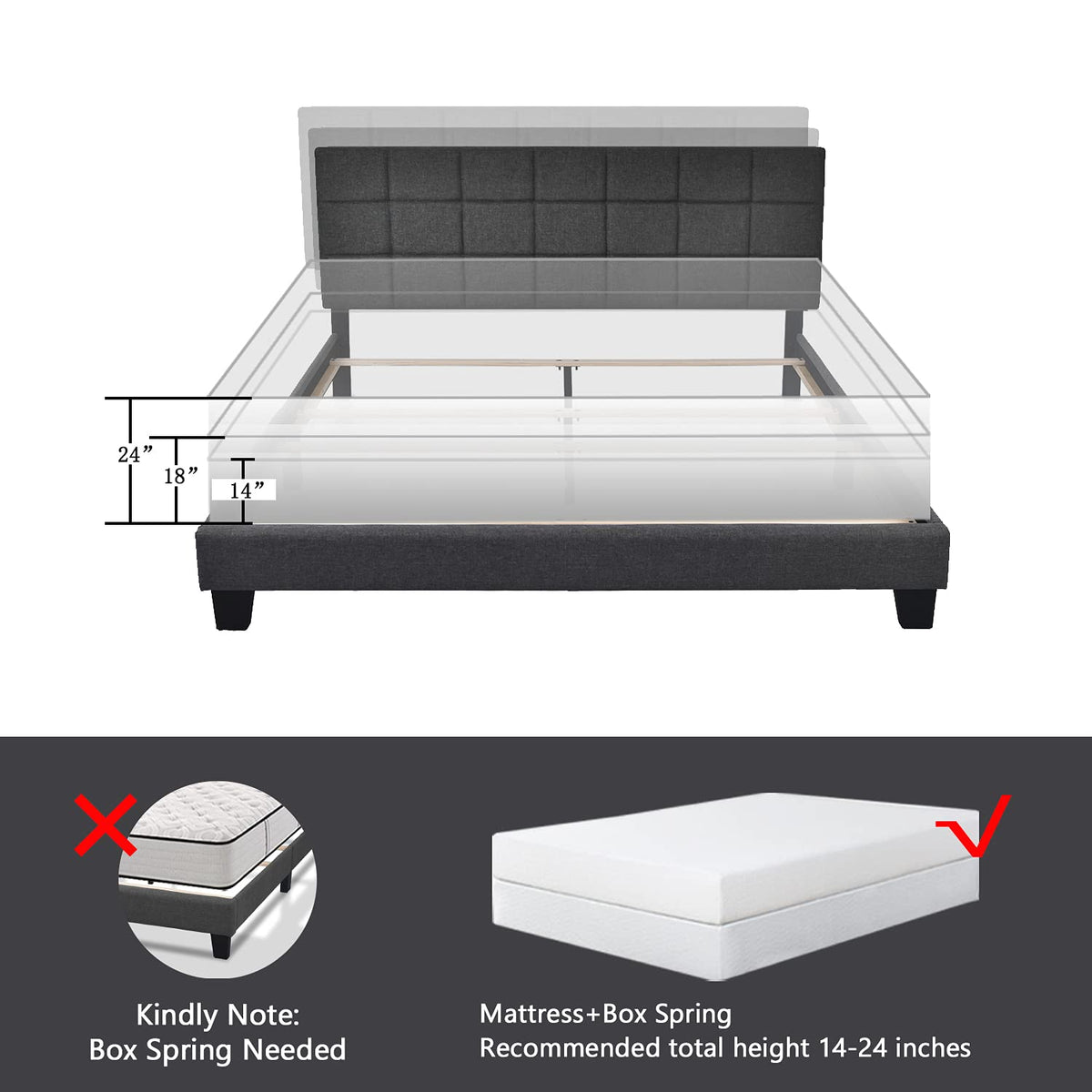Queen Size Panel Bed Frame Dark Grey U494