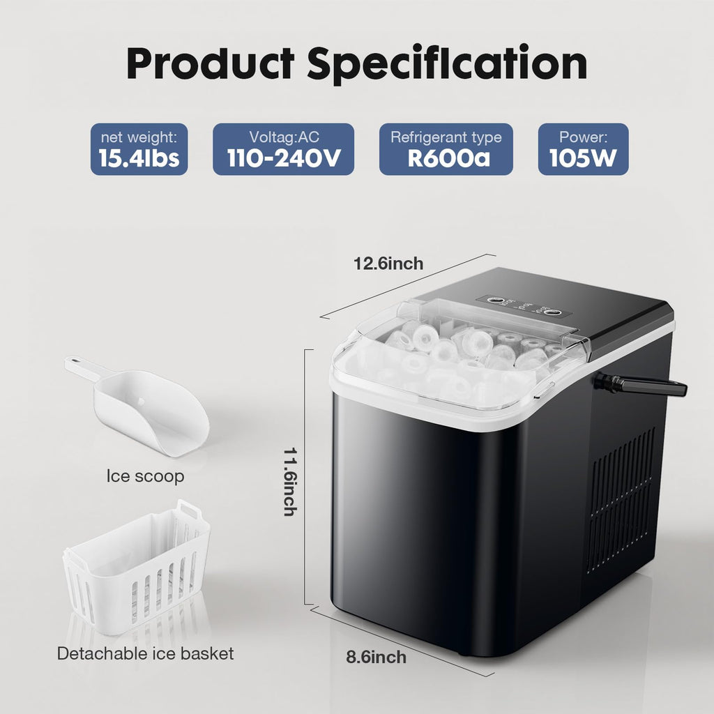Portable Countertop Ice Maker with Scoop and Basket, 26.5lbs, Coal Black I9168
