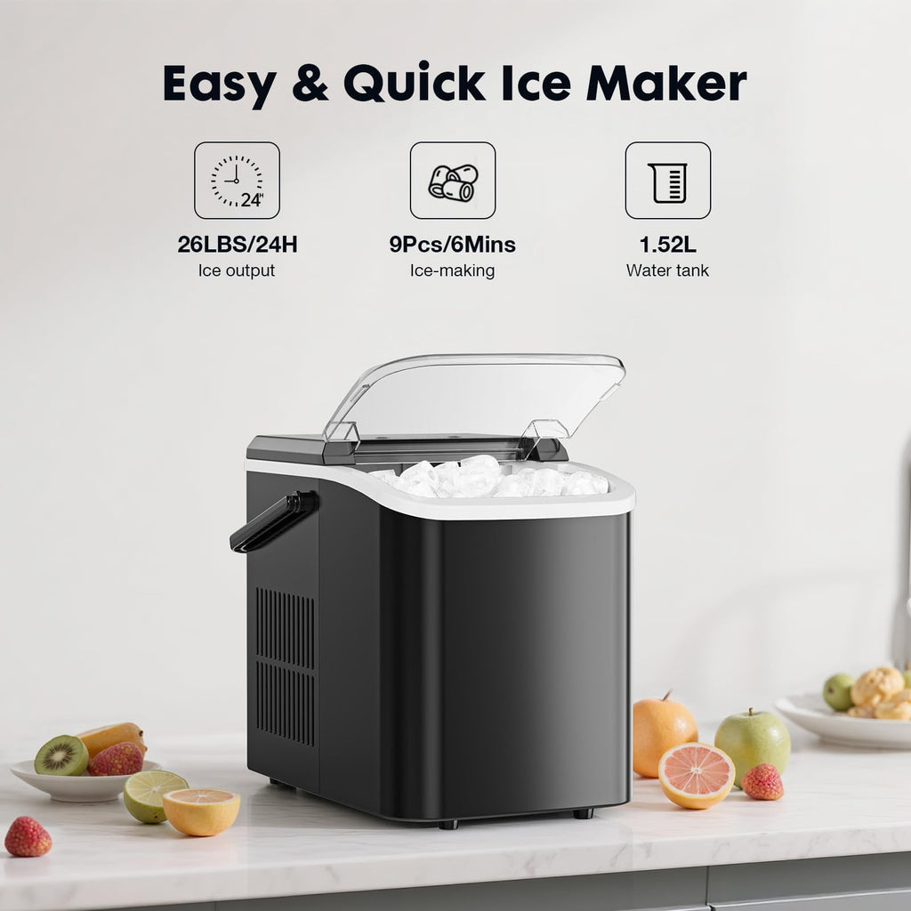 Portable Countertop Ice Maker with Scoop and Basket, 26.5lbs, Coal Black I9168
