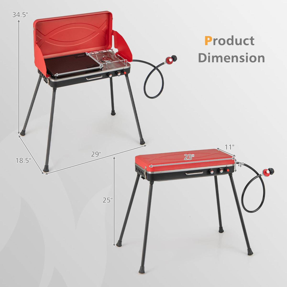 Portable Gas Grill 20000 BTU Camping Stove Burner with 2 Cooking Area Red W2228