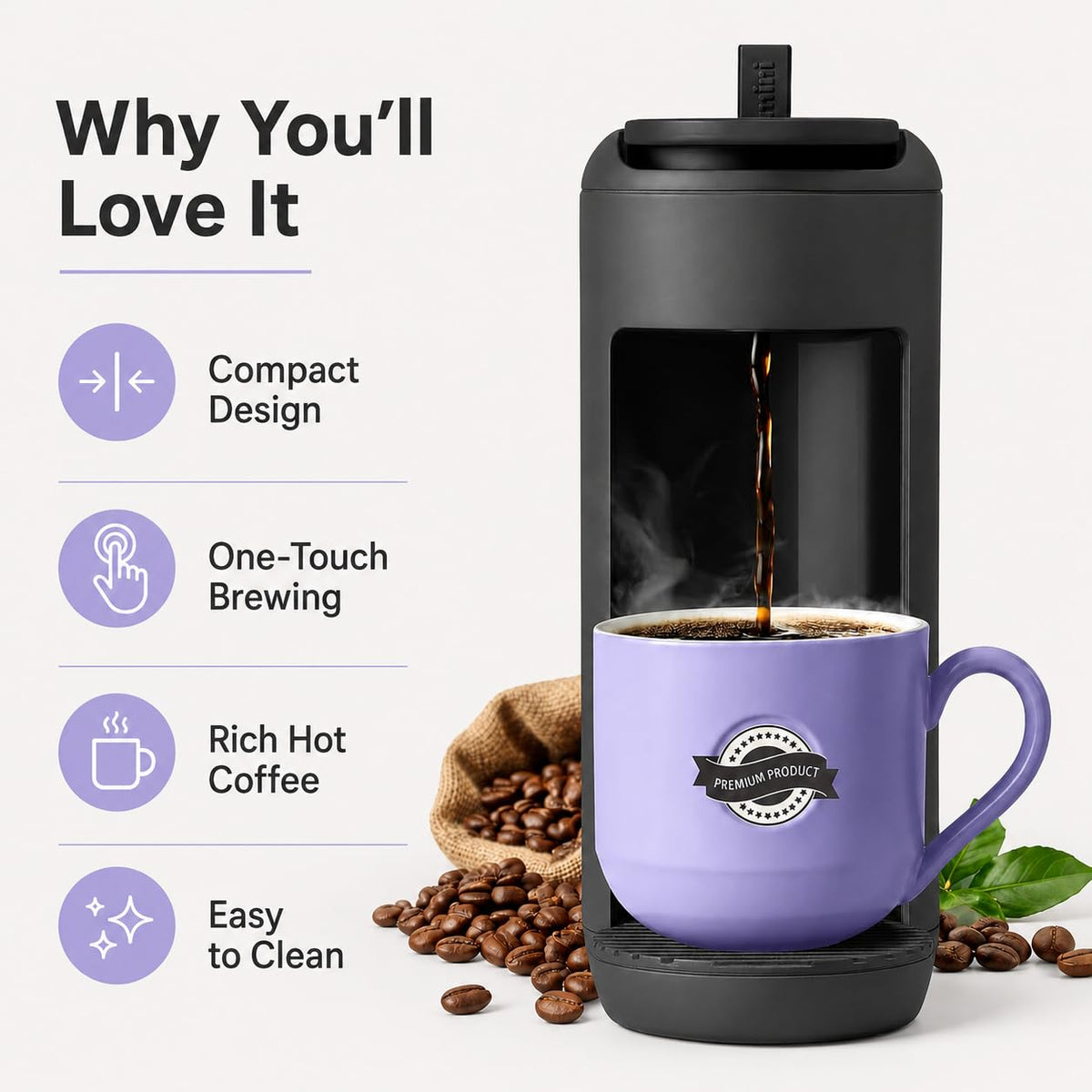 Single Serve K Cup Coffee Maker 12 oz Matte Black Q1438