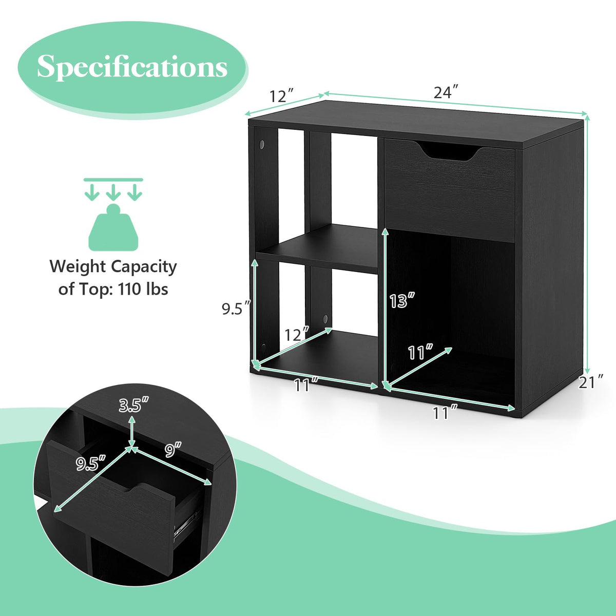3 Cube Black Bookcase with Drawer U860562