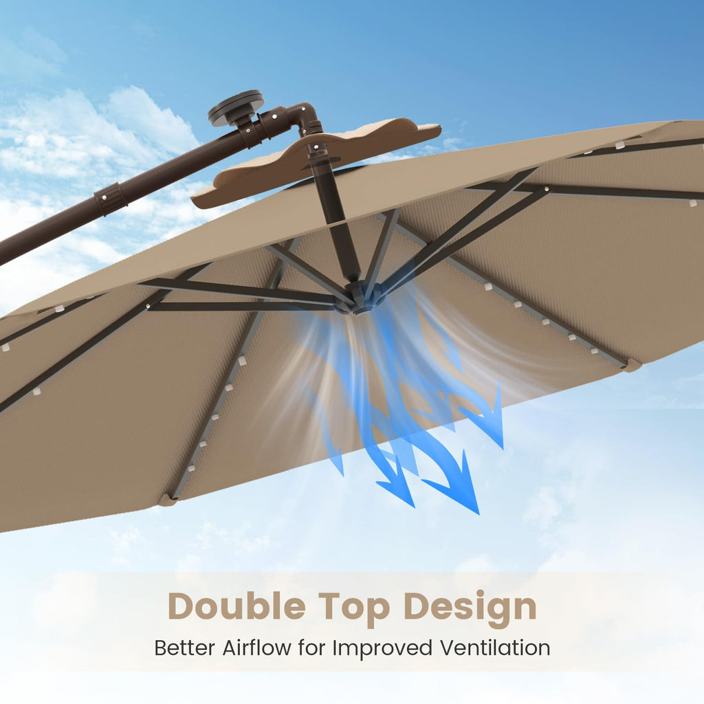 10FT Offset Patio Umbrella with Base and 40 Solar LED Lights N507097