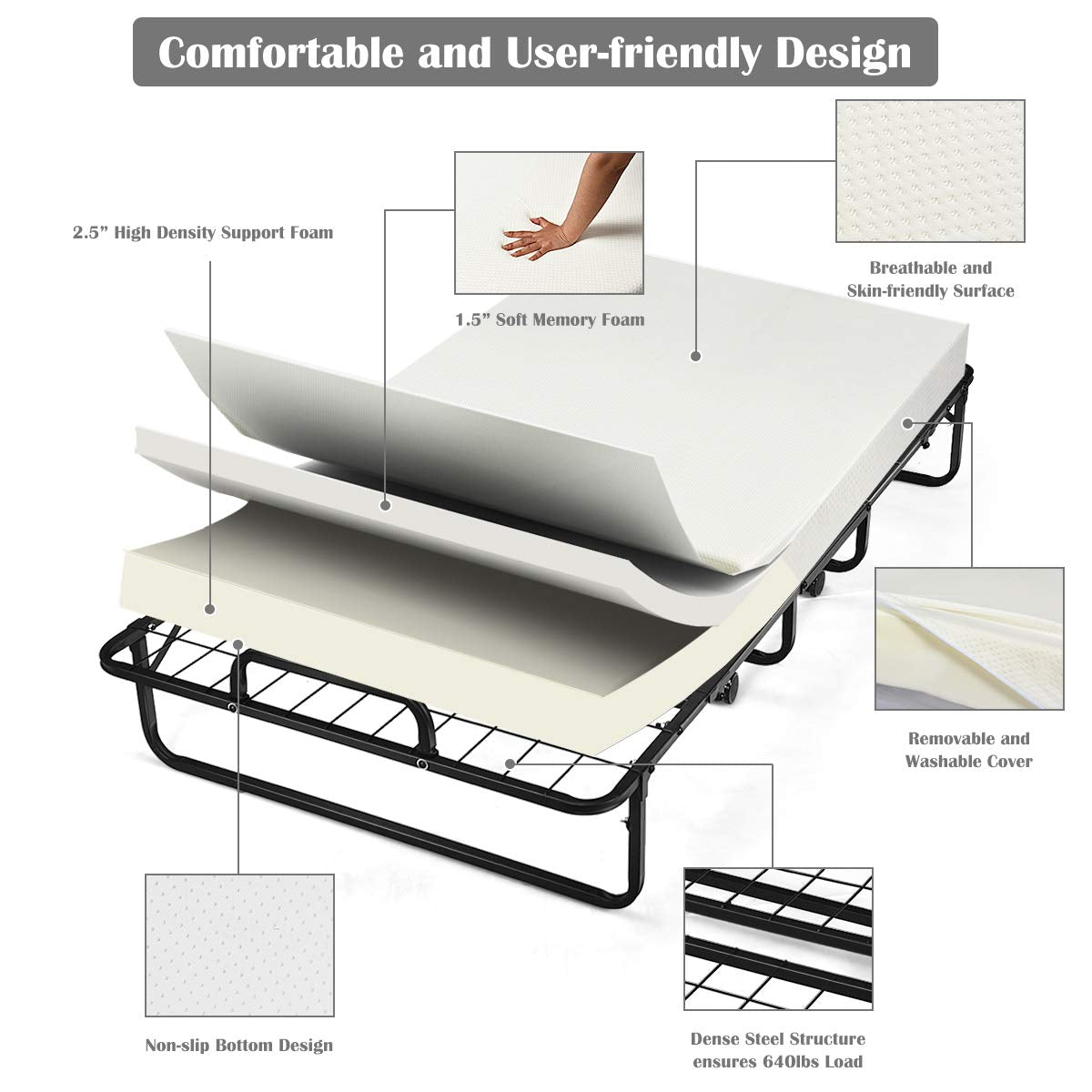 Folding Bed with Mattress Twin Size Metal Frame Memory Foam Z627473