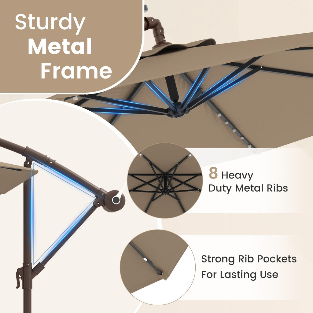 10FT Offset Patio Umbrella with Base and 40 Solar LED Lights N507097