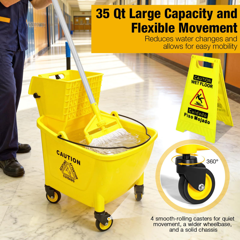 Yellow 35Qt Mop Bucket with Side Press Wringer on Wheels L383838