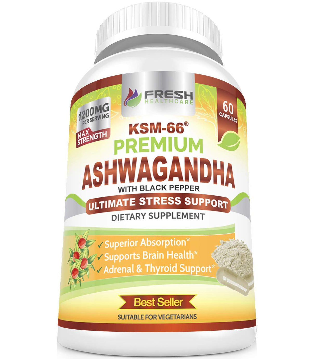 Ashwagandha Capsules 1200mg Root Extract with Black Pepper 60 Vegan Capsules K45069