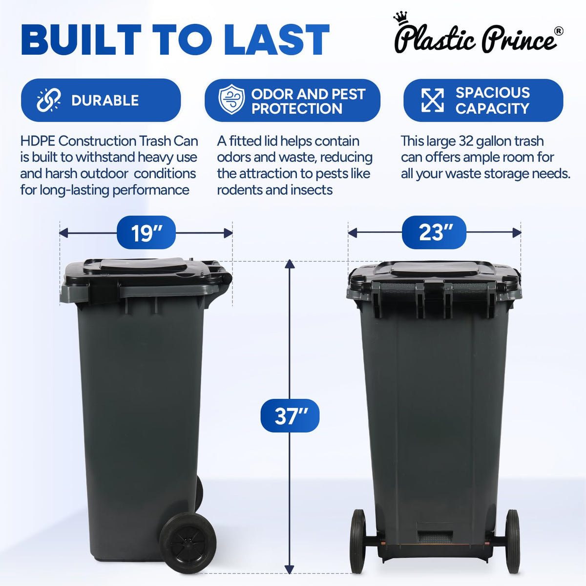 32 Gallon Plastic Trash Can with Wheels and Lid G489