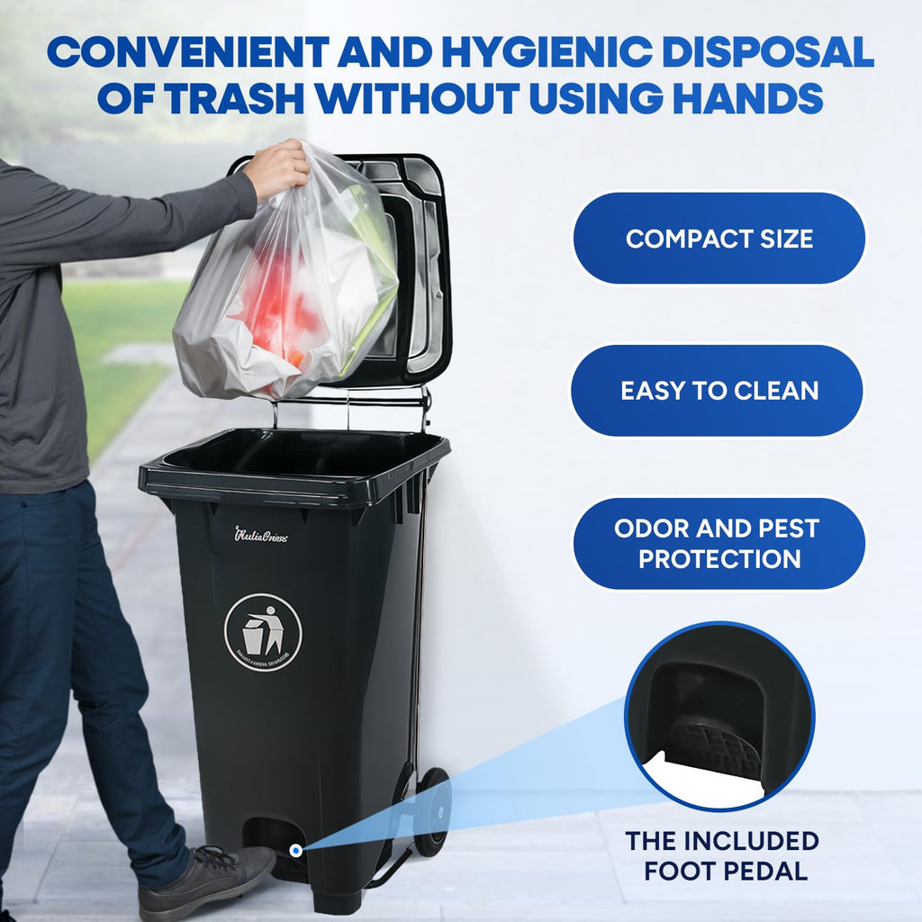32 Gallon Plastic Trash Can with Wheels and Lid G489