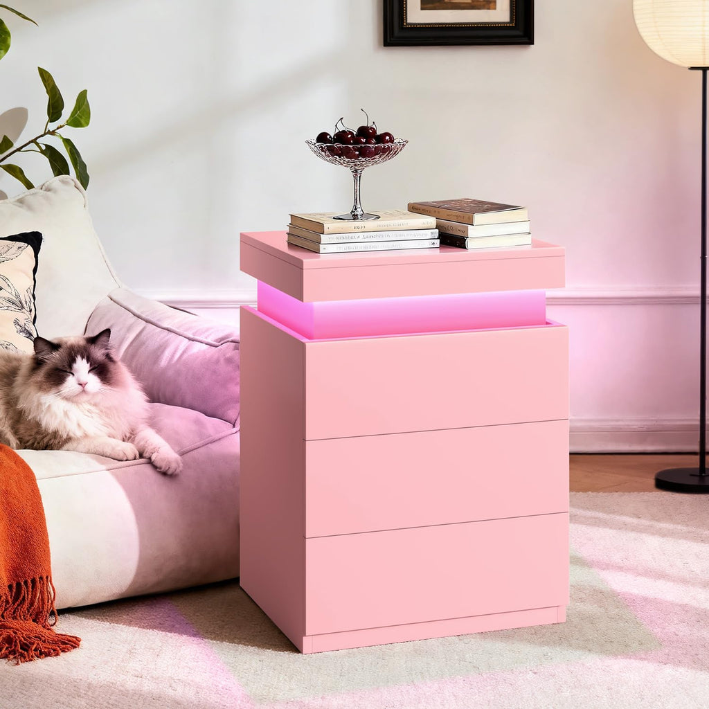 Pink Nightstand with Charging Station and LED Lights K754