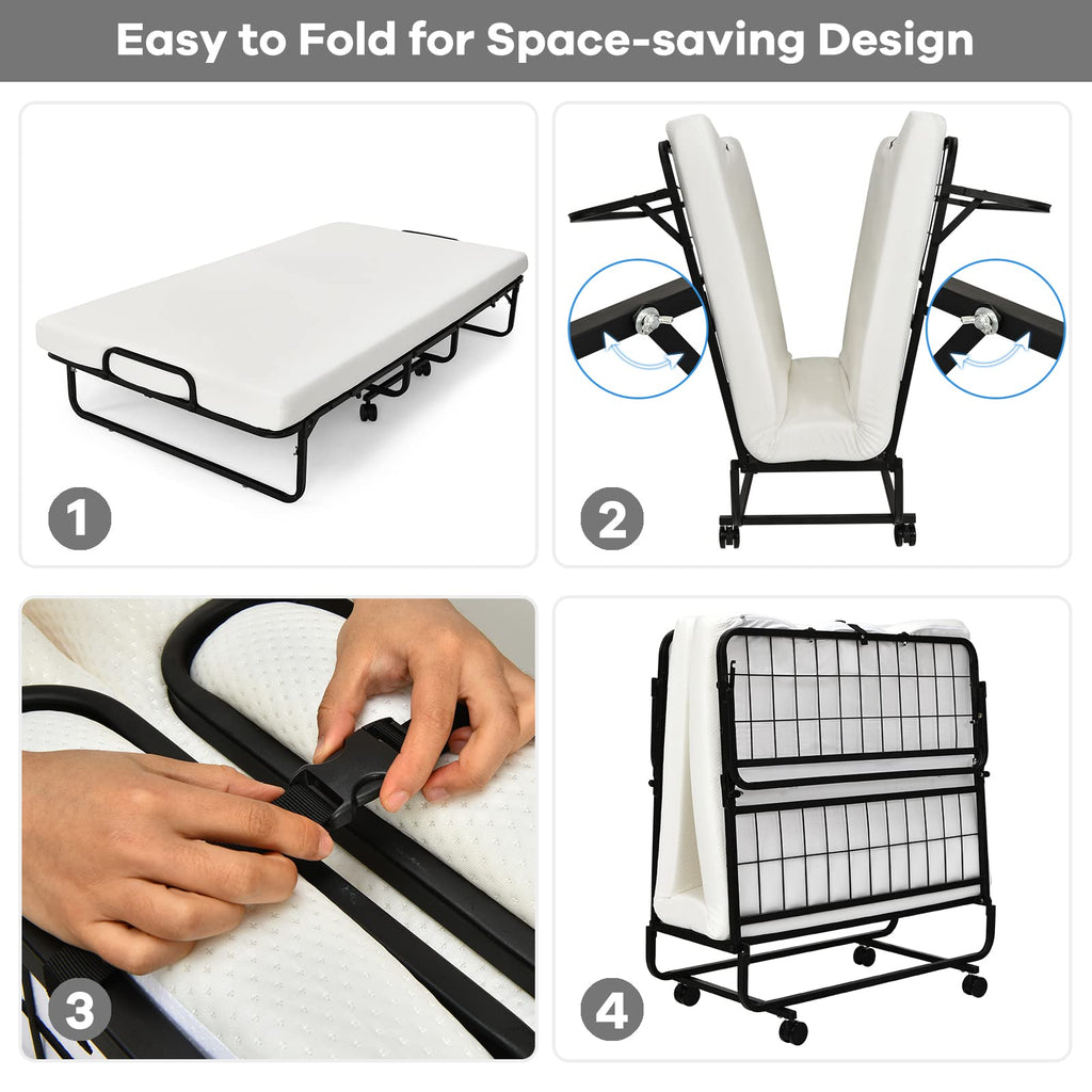 Folding Bed with Mattress Twin Size Metal Frame Memory Foam Z627473