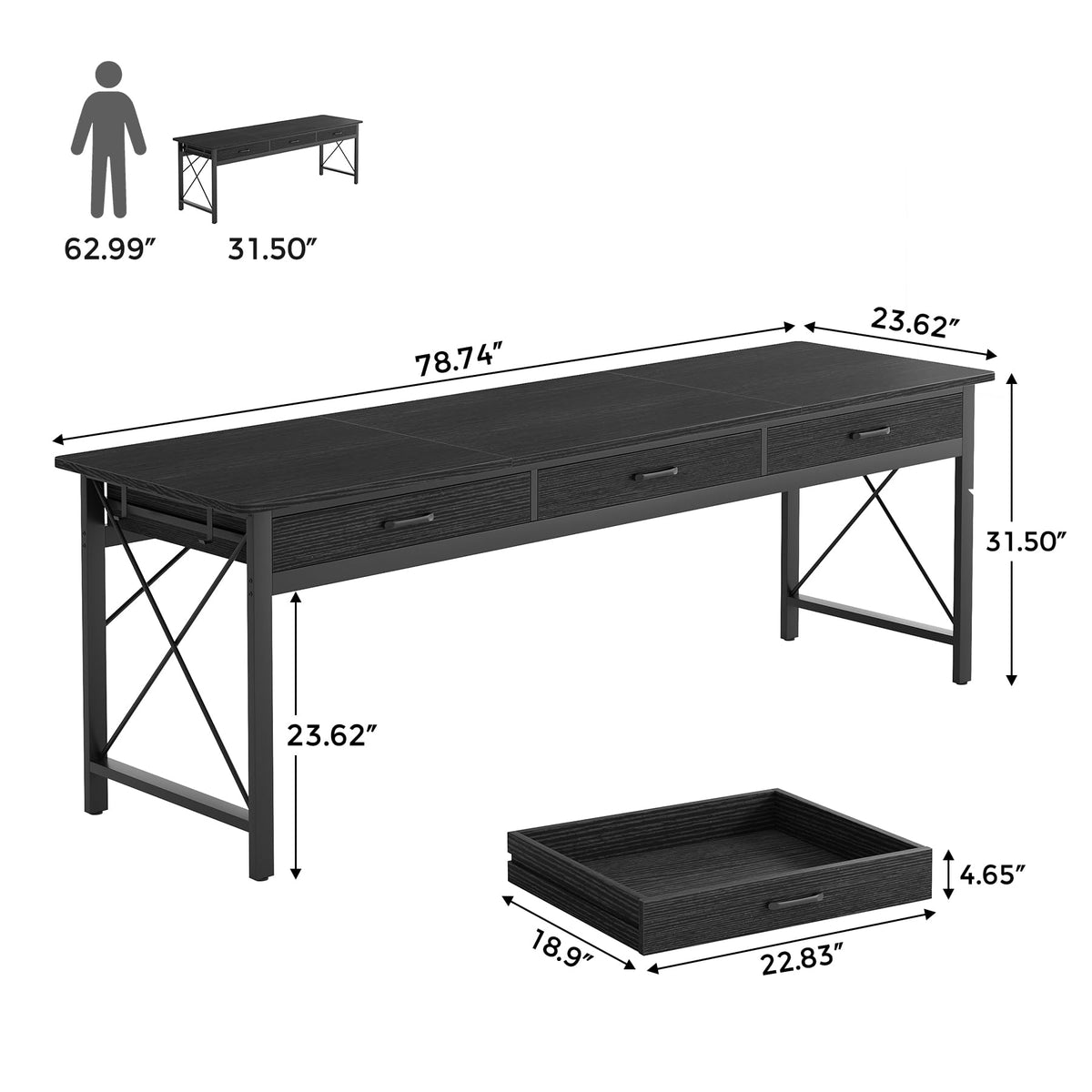 78.7 inch Black Computer Desk with 3 Drawers M6577