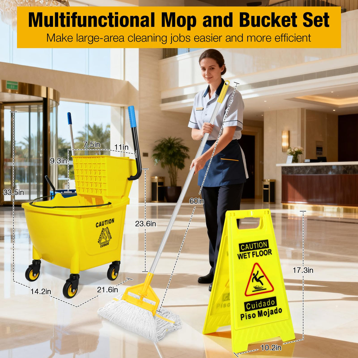 Yellow 35Qt Mop Bucket with Side Press Wringer on Wheels L383838