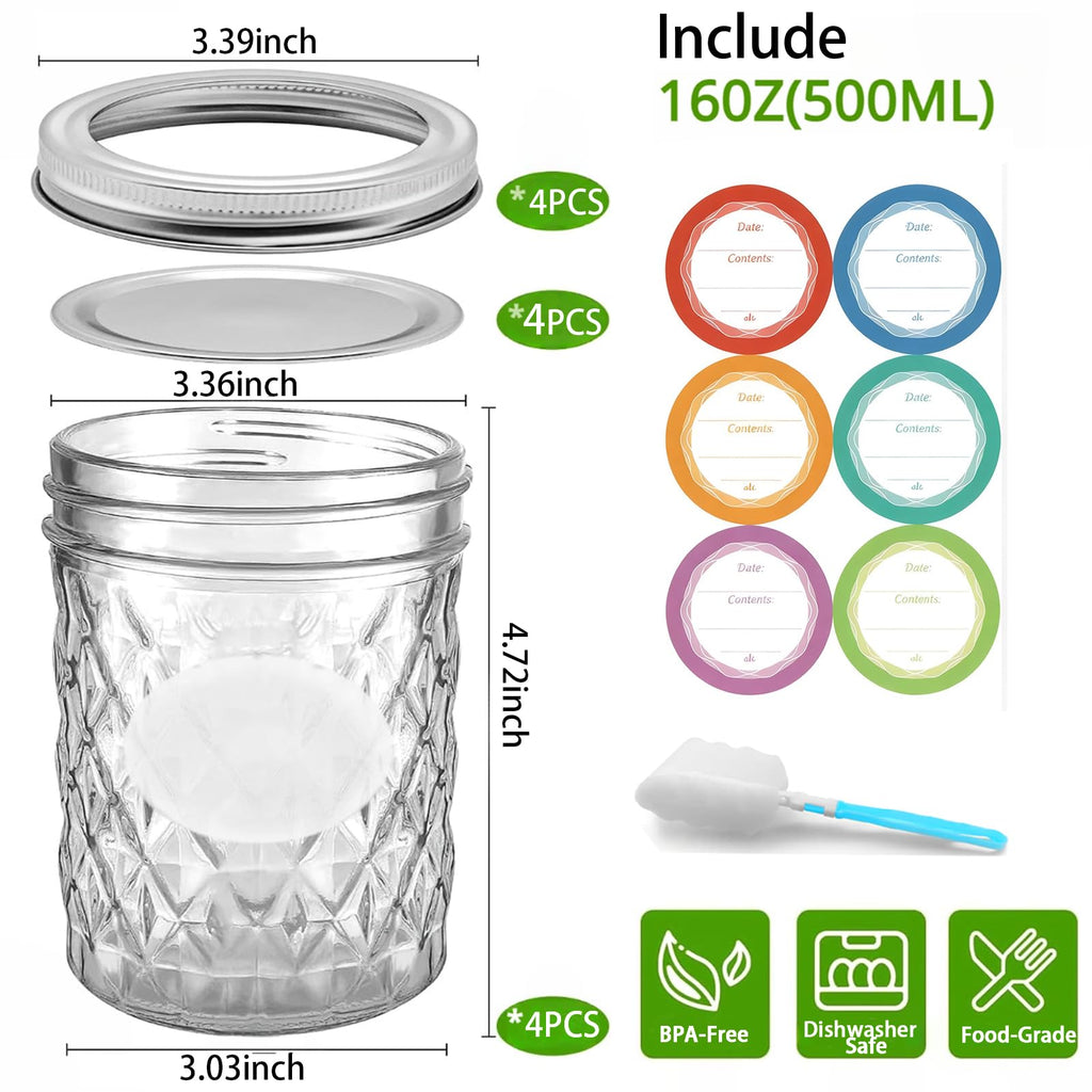 16 oz Wide Mouth Glass Mason Jars with Lids, 4 Pack E301
