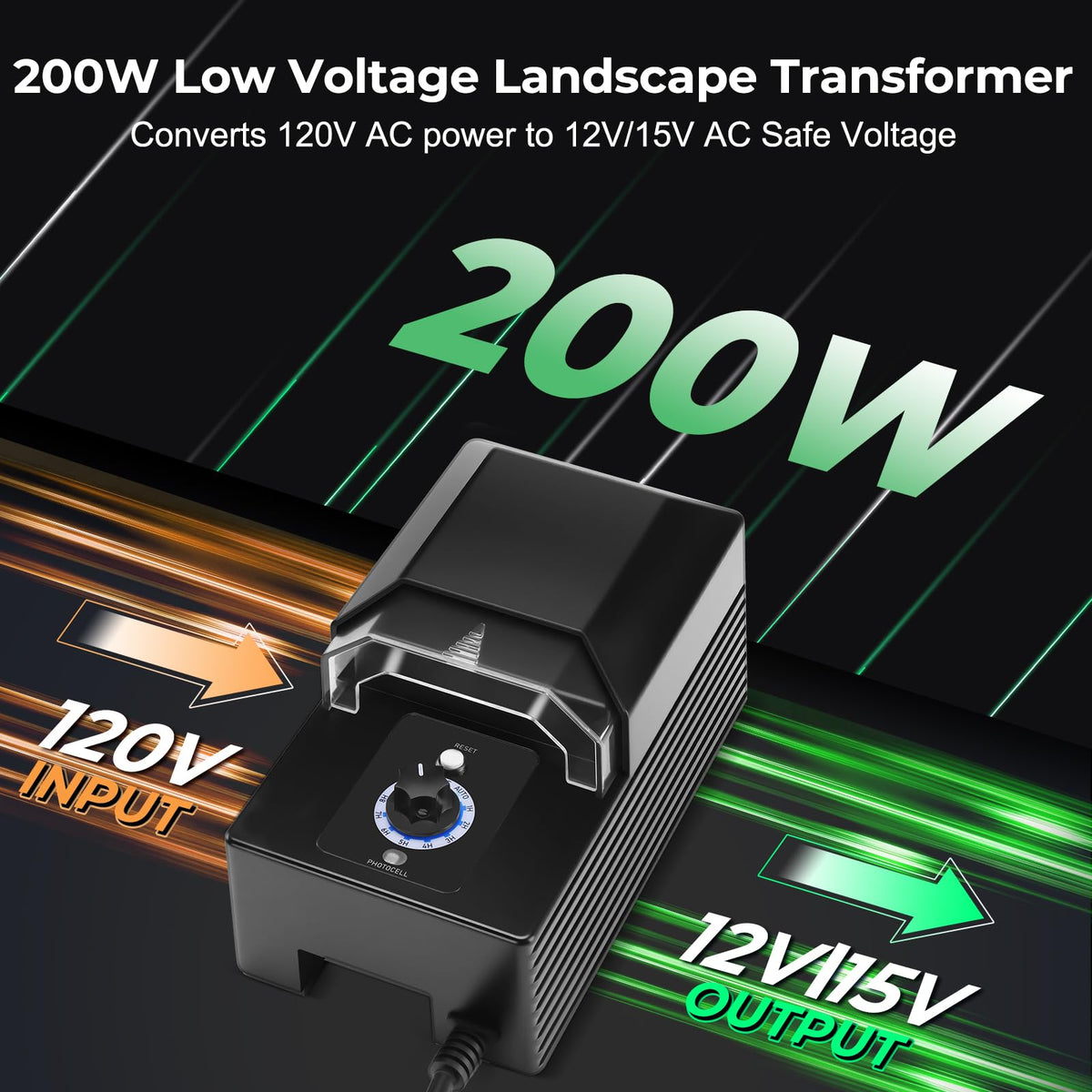 200W Low Voltage Landscape Transformer with Timer & Photocell Sensor F91625