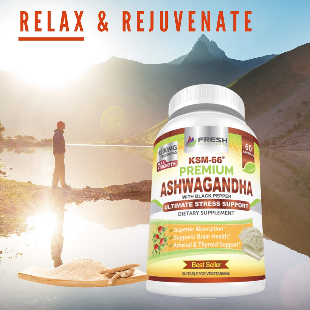 Ashwagandha Capsules 1200mg Root Extract with Black Pepper 60 Vegan Capsules K45069