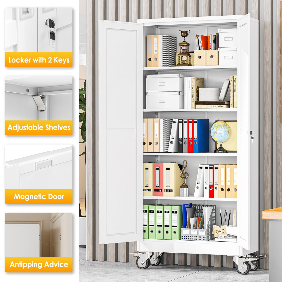 71''H White Metal Storage Cabinet with Wheels L64480