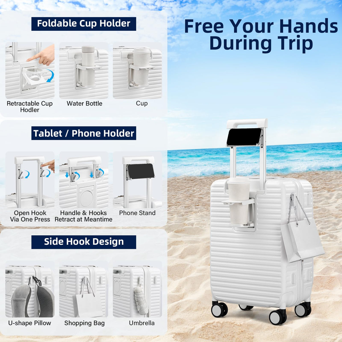 20 Inch White Hard Shell Carry on Luggage with Wheels F4744
