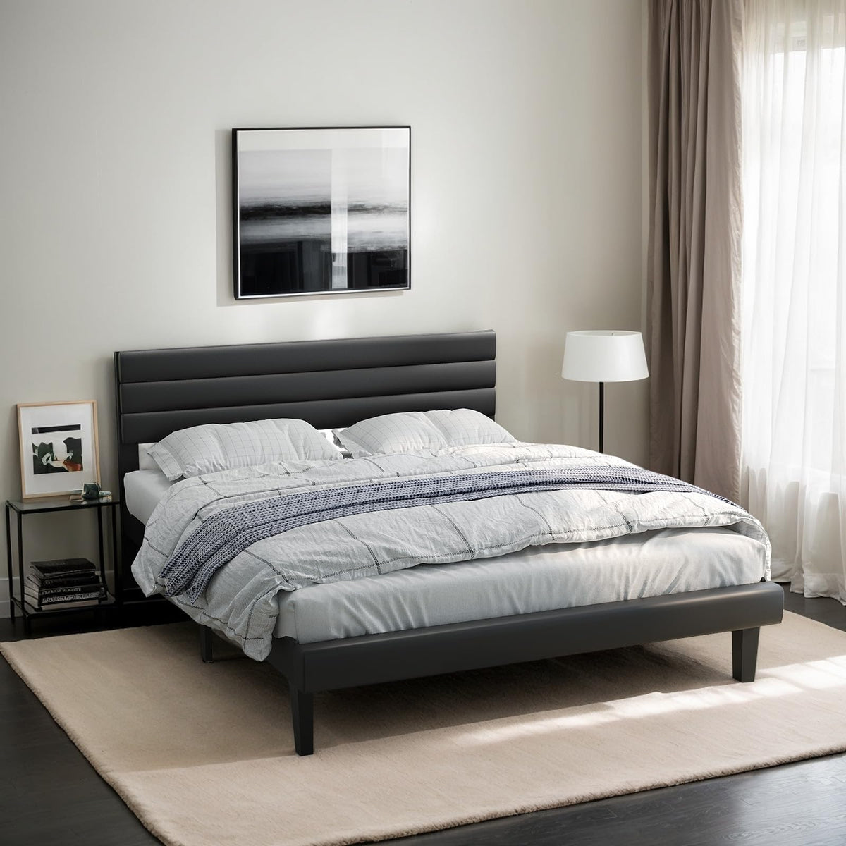Full Faux Leather Upholstered Platform Bed Frame with Adjustable Headboard L45377