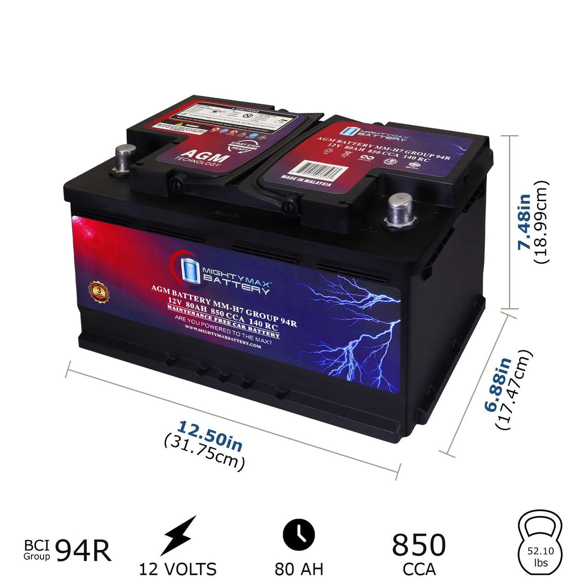 12V 80AH 850 CCA Replacement Battery B1566
