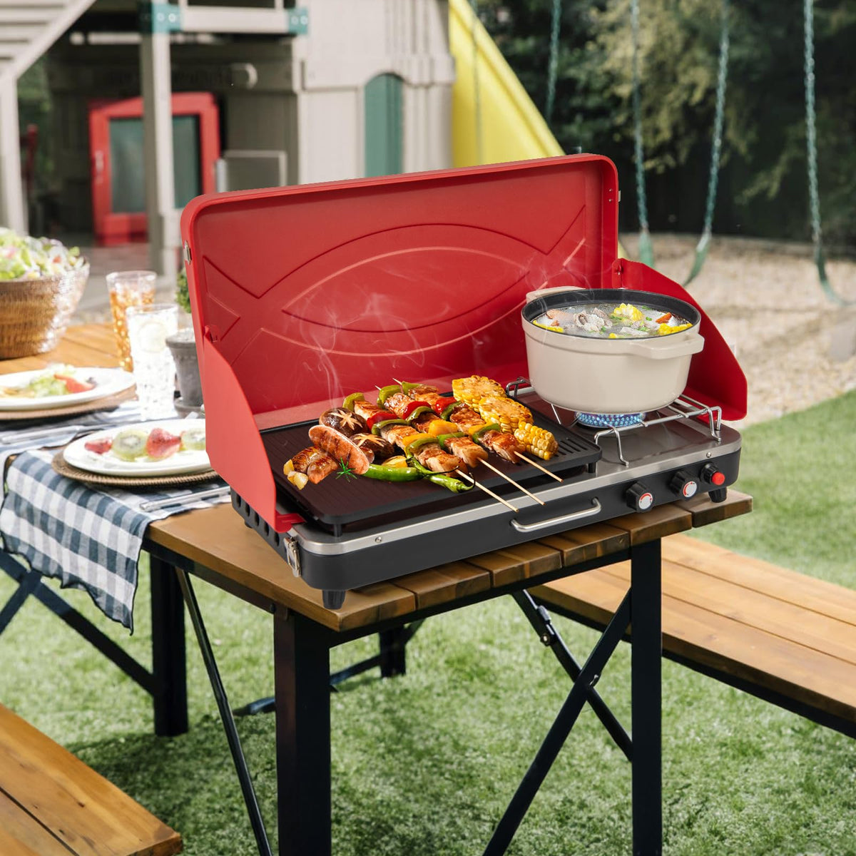 Portable Gas Grill 20000 BTU Camping Stove Burner with 2 Cooking Area Red W2228