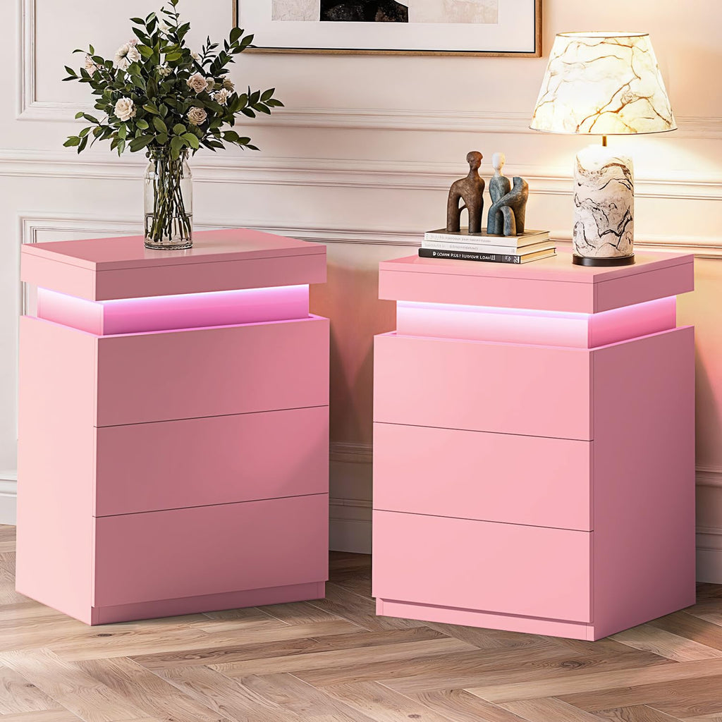 Pink Nightstand with Charging Station and LED Lights K754