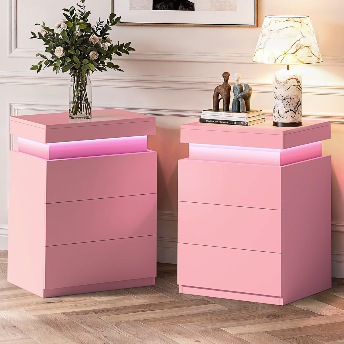 Pink Nightstand with Charging Station and LED Lights K754