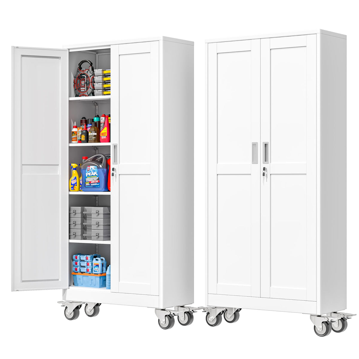 71''H White Metal Storage Cabinet with Wheels L64480
