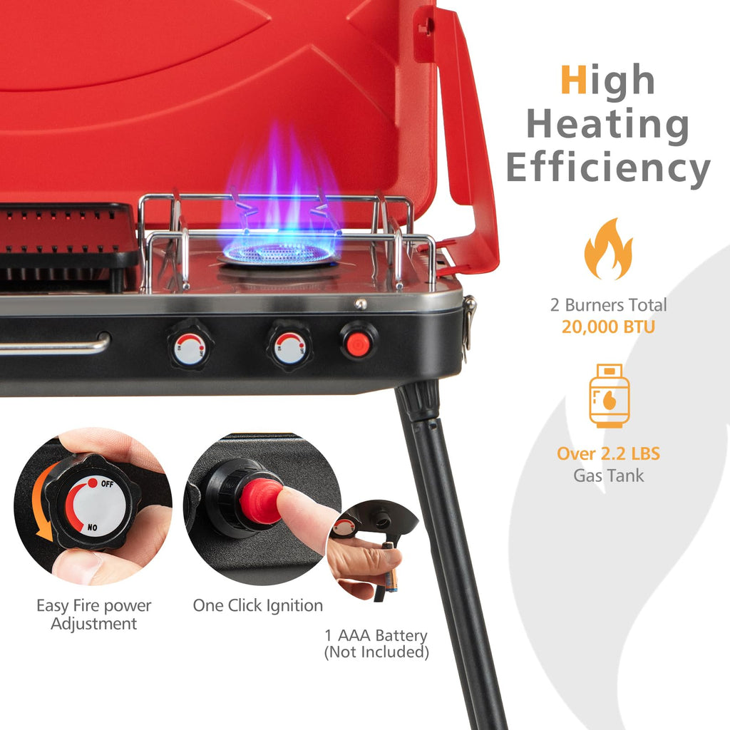 Portable Gas Grill 20000 BTU Camping Stove Burner with 2 Cooking Area Red W2228