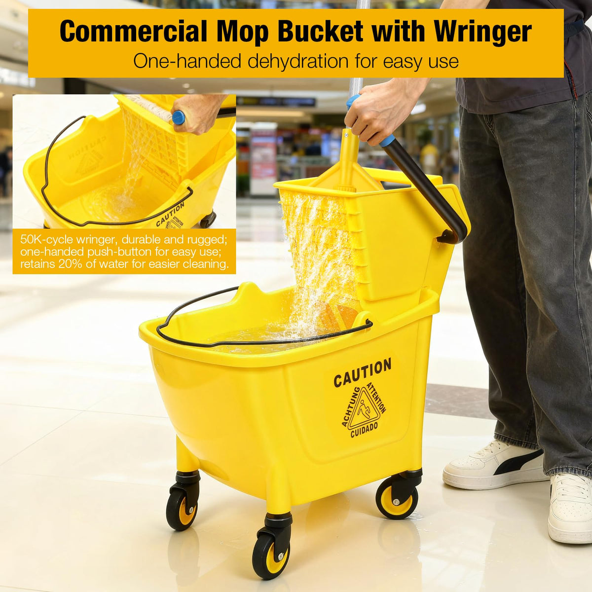 Yellow 35Qt Mop Bucket with Side Press Wringer on Wheels L383838