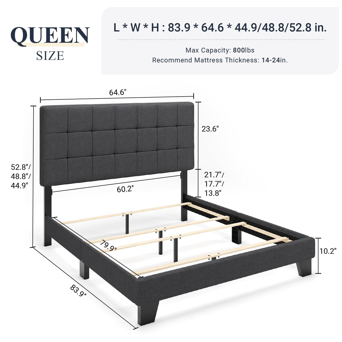 Queen Size Panel Bed Frame Dark Grey U494