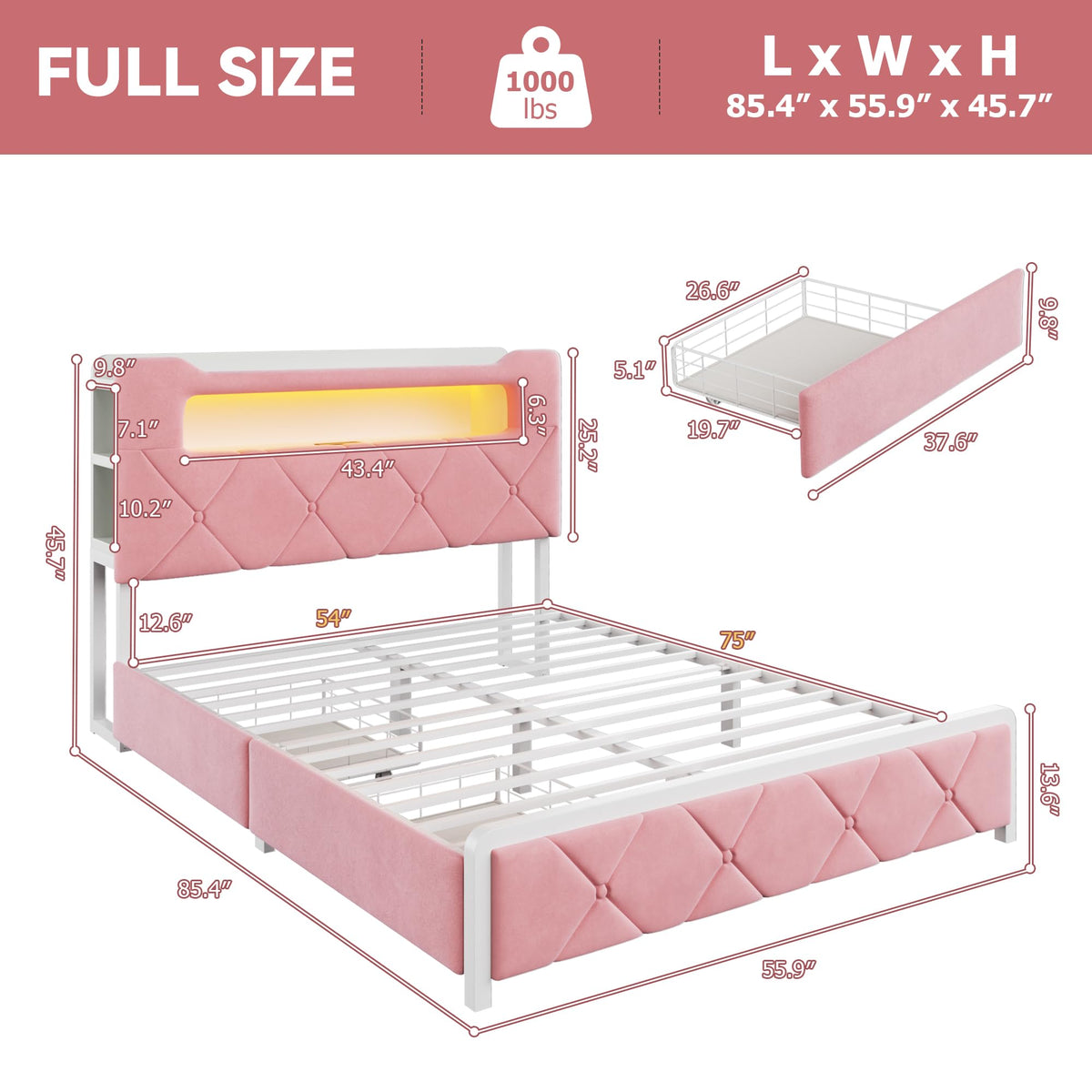 Pink Velvet Upholstered Platform Bed Frame with 2 Storage Drawers T80232