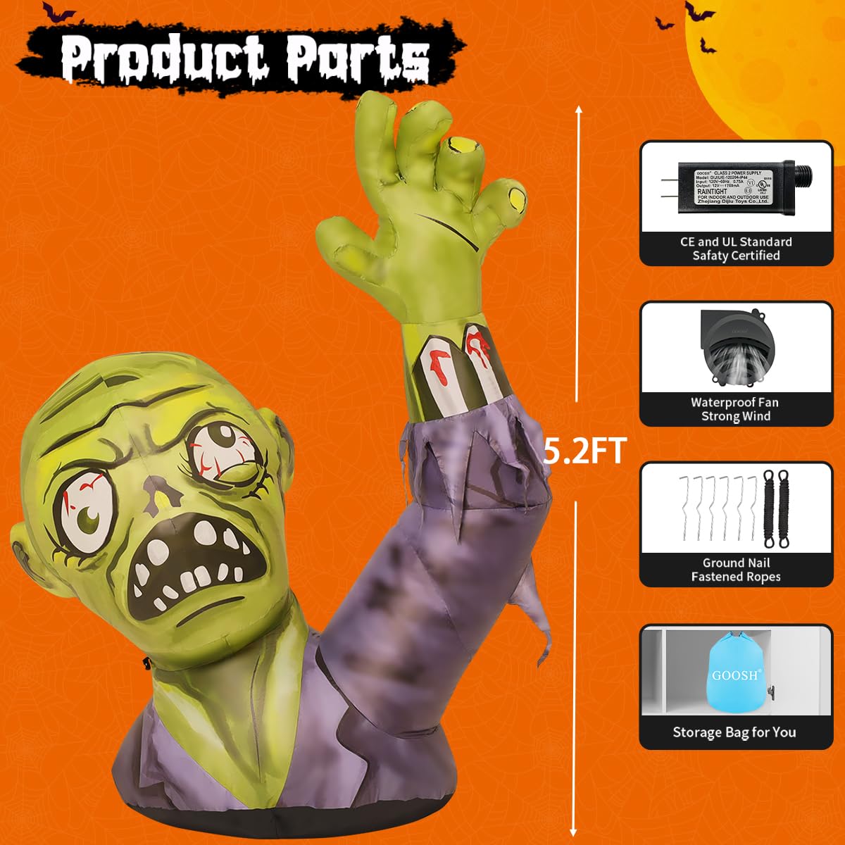 5.2 FT Halloween Inflatables Green Zombies with Built-in LEDs C2197