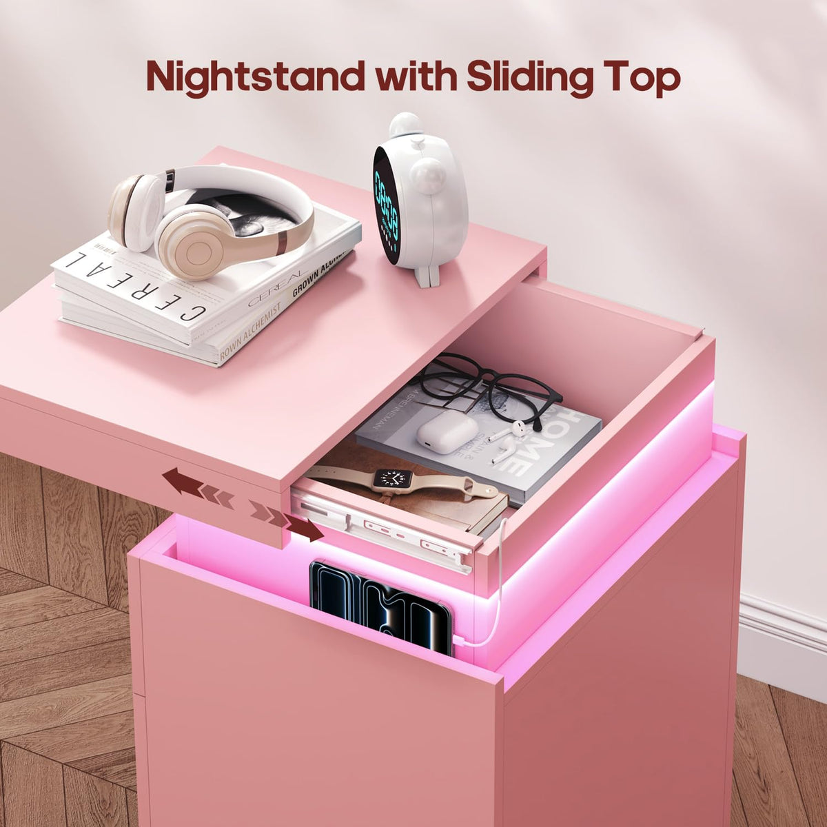 Pink Nightstand with Charging Station and LED Lights K754