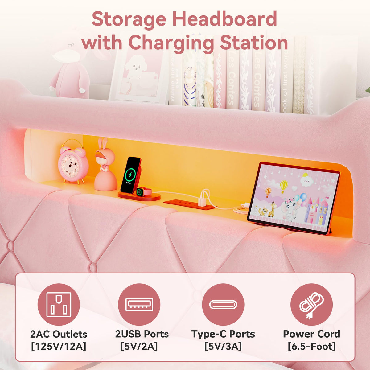 Pink Velvet Upholstered Platform Bed Frame with 2 Storage Drawers T80232