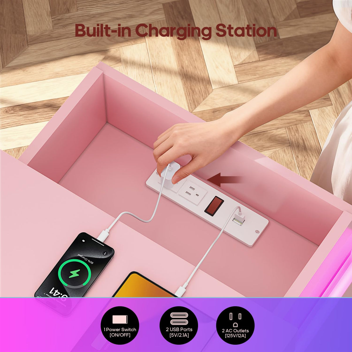 Pink Nightstand with Charging Station and LED Lights K754