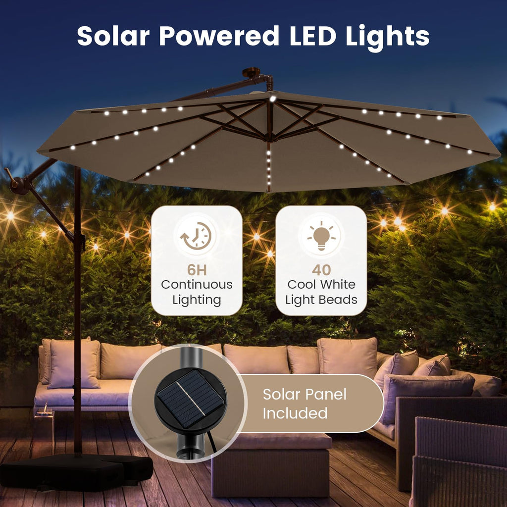 10FT Offset Patio Umbrella with Base and 40 Solar LED Lights N507097