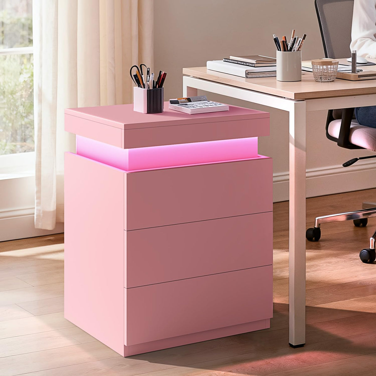 Pink Nightstand with Charging Station and LED Lights K754