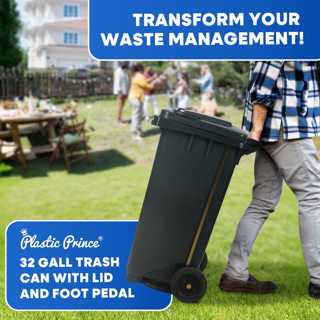 32 Gallon Plastic Trash Can with Wheels and Lid G489