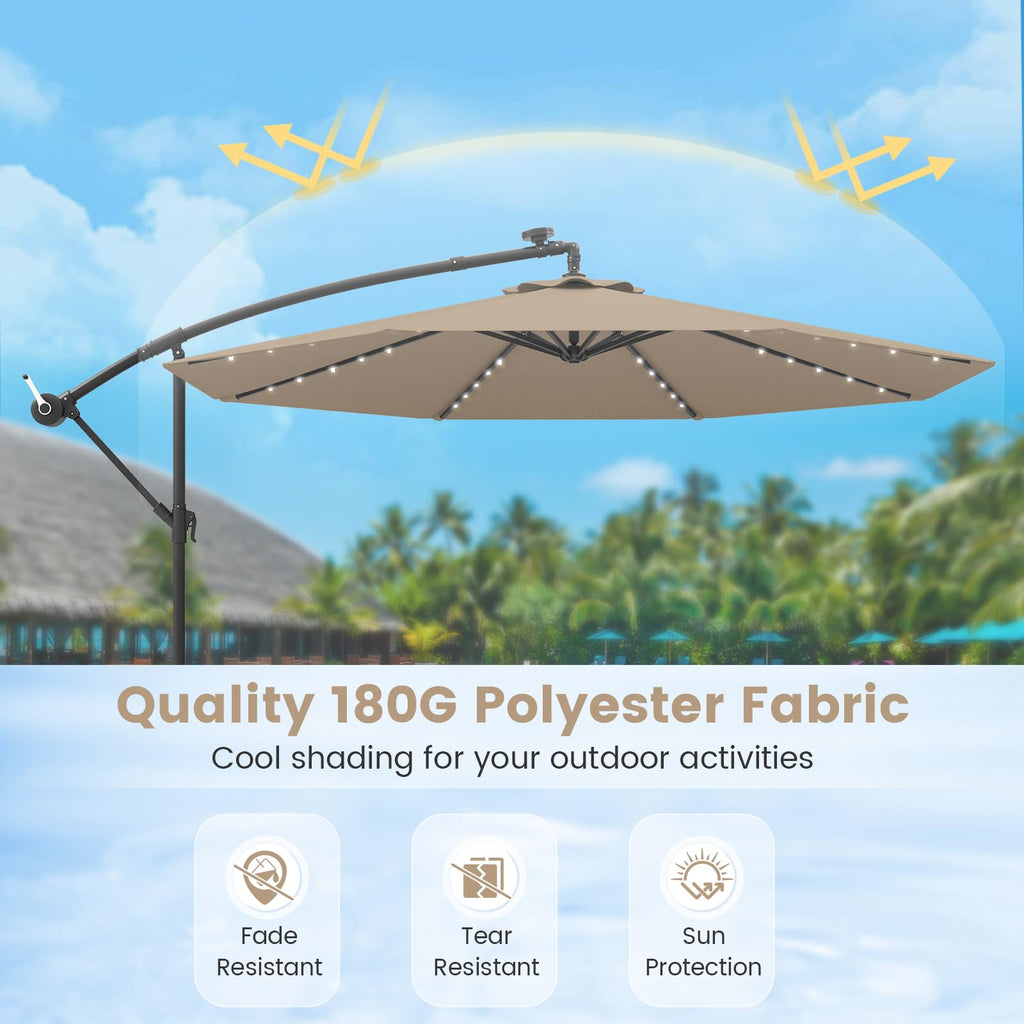 10FT Offset Patio Umbrella with Base and 40 Solar LED Lights N507097