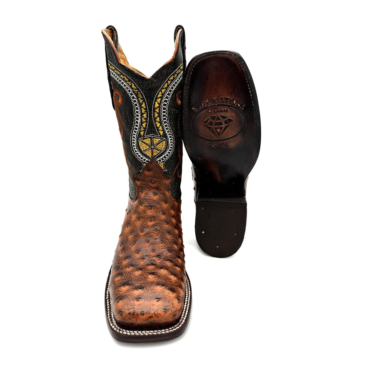 Leather Ostrich Quill Print Square Toe Western Cowboy Boot J341533