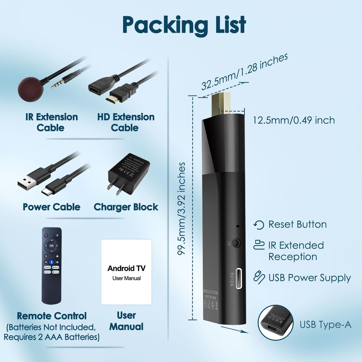 Android TV Stick 4K 2GB RAM 16GB ROM H313 CPU Wi-Fi Bluetooth 5.0 HDR10 Voice Remote Control W633927
