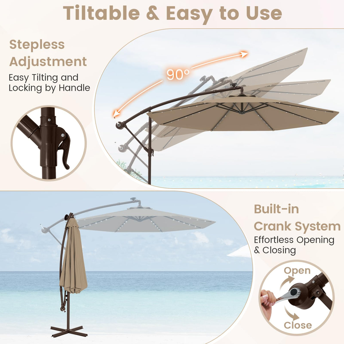 10FT Offset Patio Umbrella with Base and 40 Solar LED Lights N507097