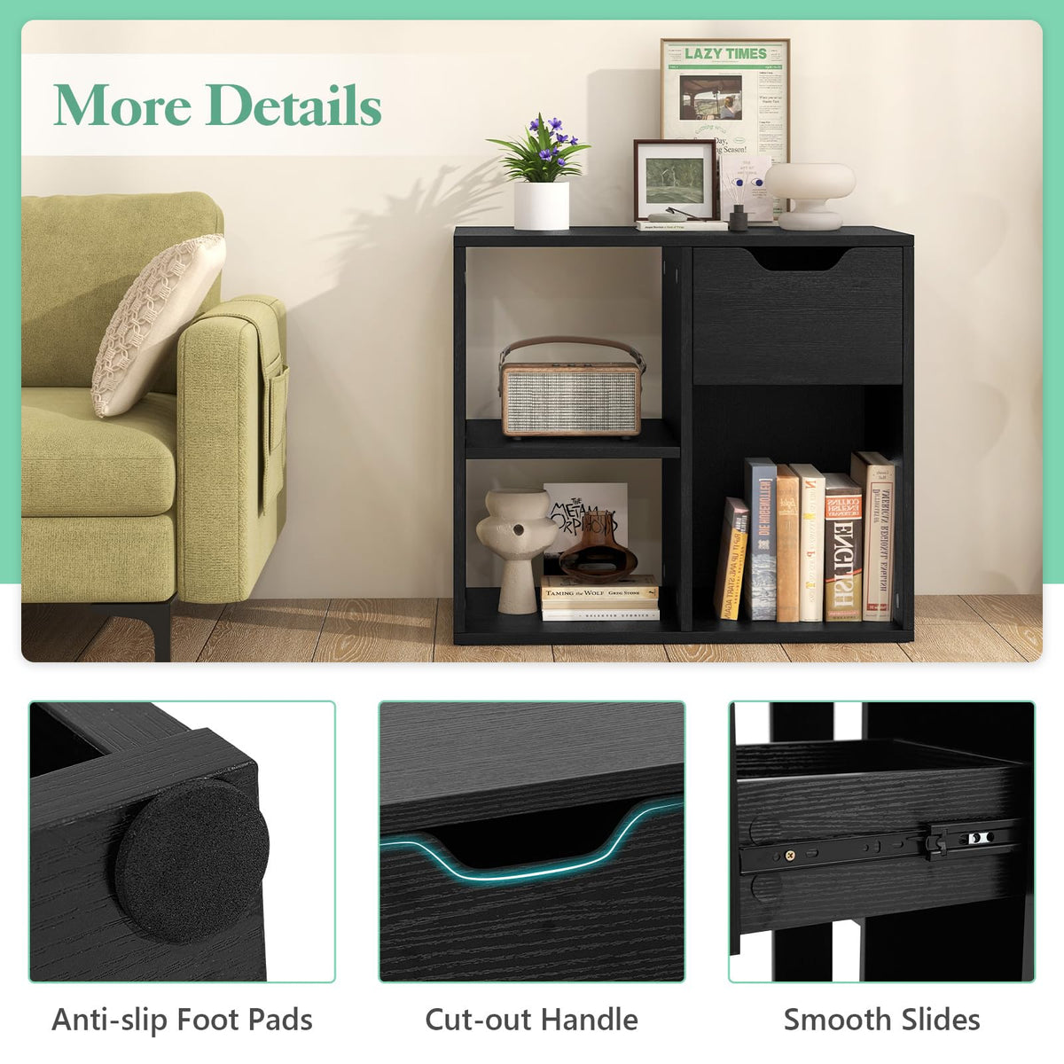 3 Cube Black Bookcase with Drawer U860562