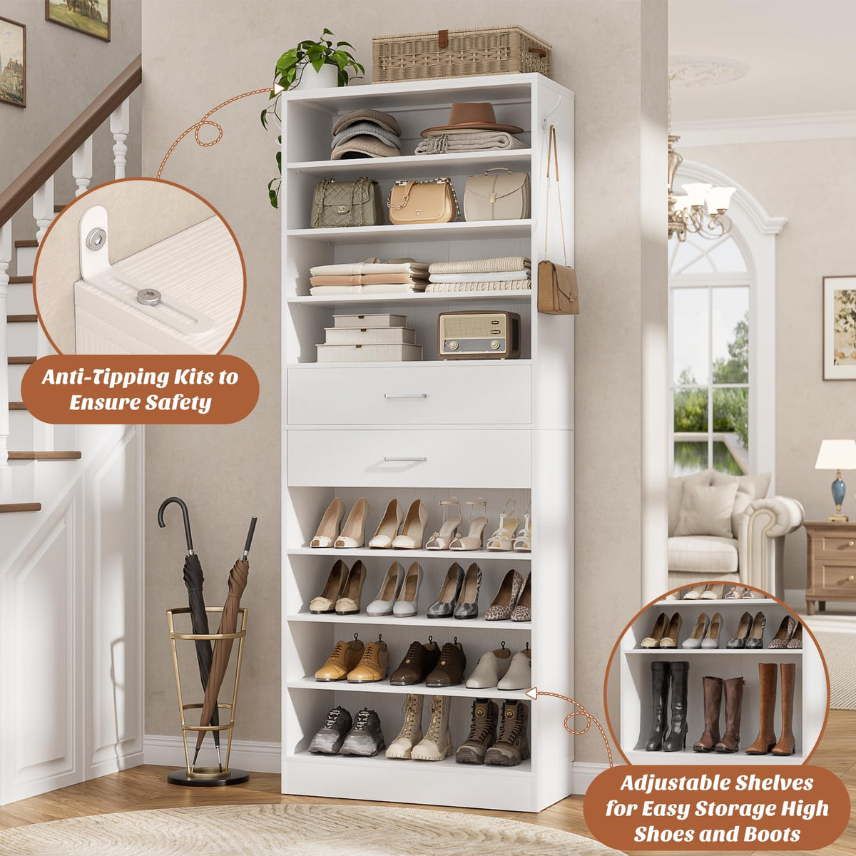 10 Tiers Tall White Wood Shoe Cabinet L121