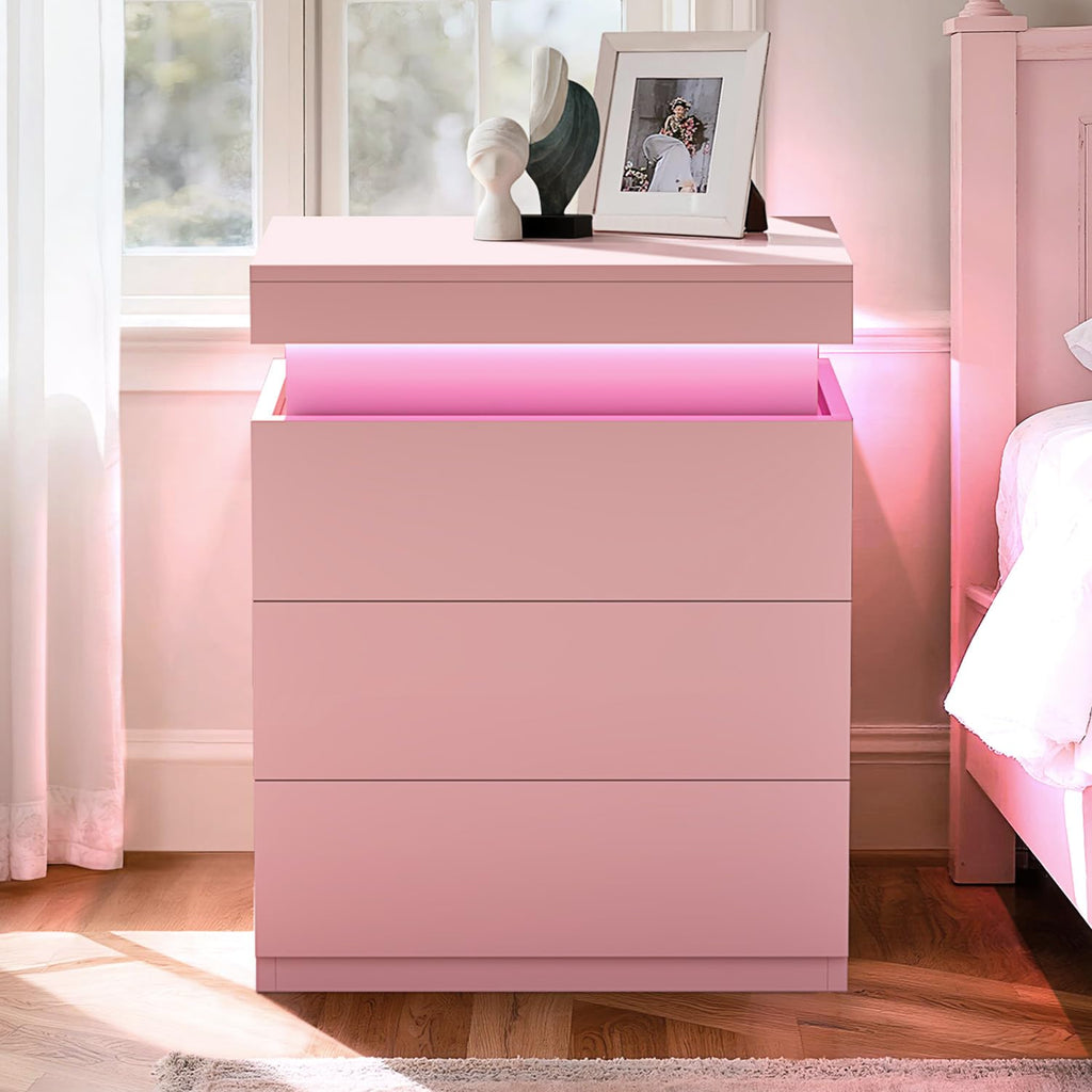 Pink Nightstand with Charging Station and LED Lights K754